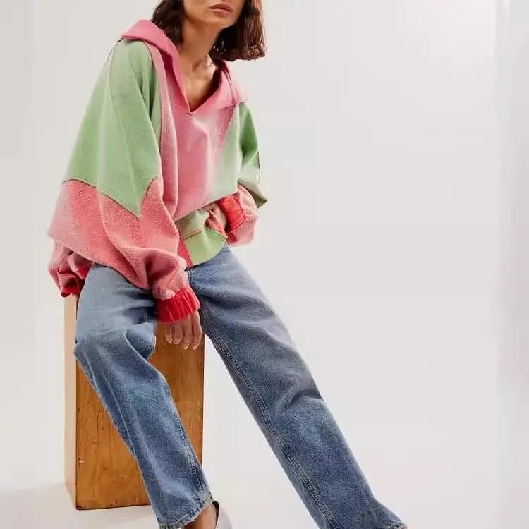American Color Block Sweatshirt Loose Lazy Cross-Border Fleece Casual Hoodie Sporty Women's Fashion Polyester Fiber Bubble Sl...