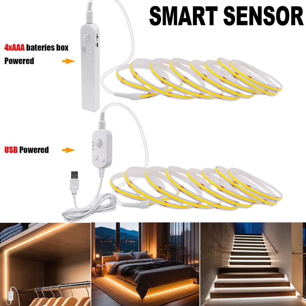 Sensore di movimento Led COB Striscia luminosa Batteria Alimentazione USB 5V ON/OFF automatico Liner Illuminazione Armadio Cucina Scala Luci notturne