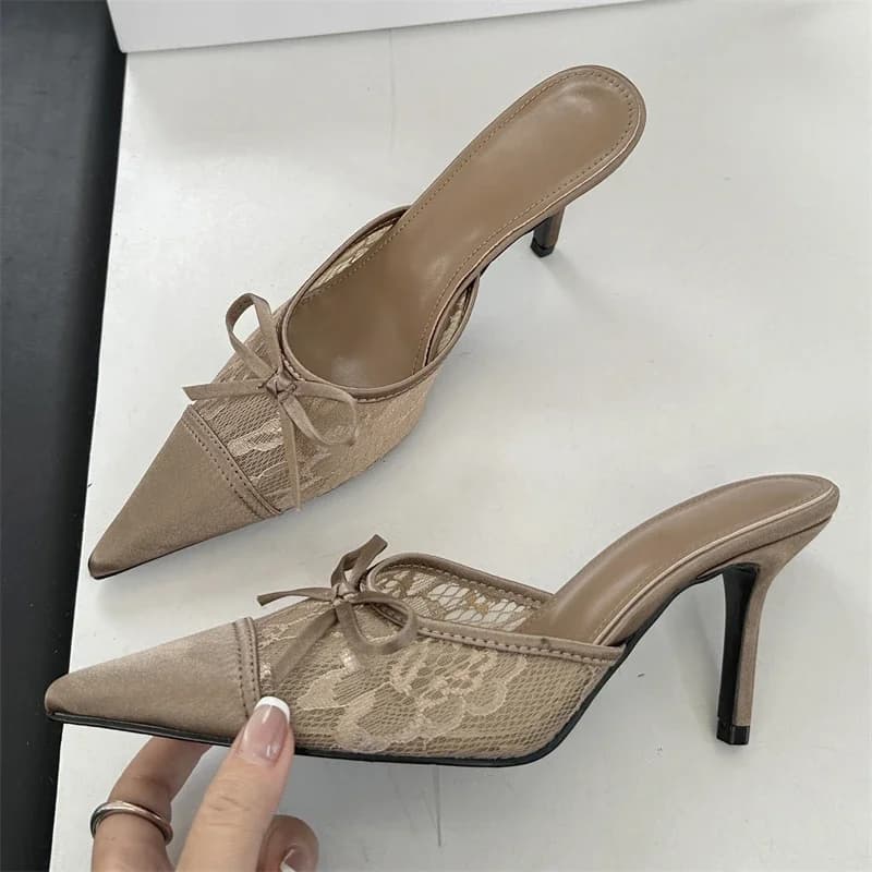 Eilyken Elegant Mesh Fabric Butterfly-knot Pointed Toe Slippers Women Sexy Thin Heels Party Prom Mule Shoes