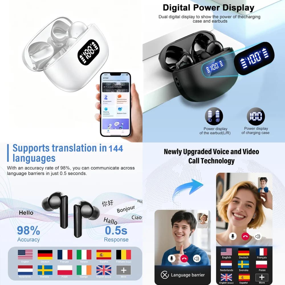 BT 5.4 Ear Phone Wireless with 144 Translation Languages Clear Calls Earbuds with LED Display for Travel Business Trending