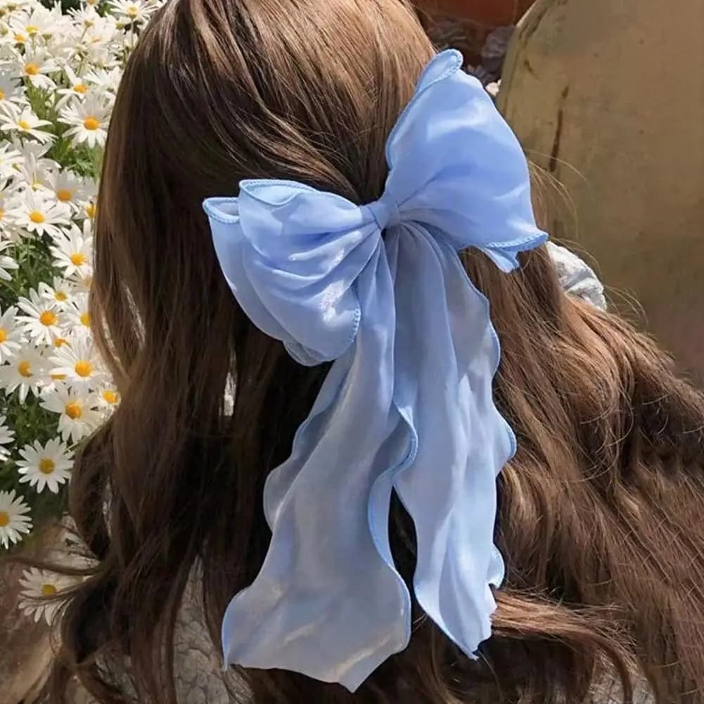 33cm Women Hair Clip Mesh Yarn Ribbon Bowknot Decor Cartoon Hair Pin Blue Bright Silk HairBow Clips Long Tail Hair Accessories