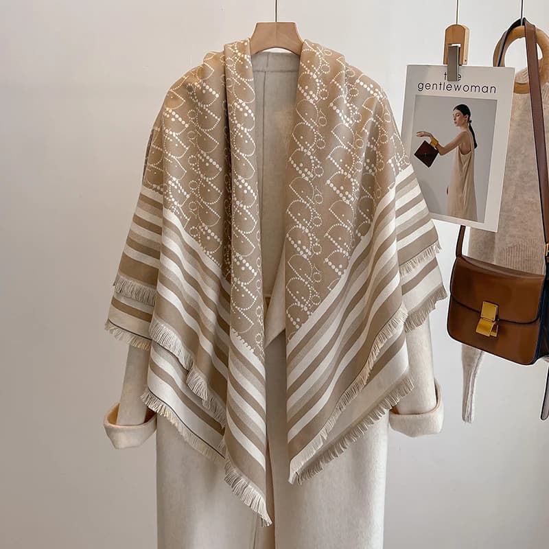Elegant Striped Design Scarf Imitation Cashmere Soft Warm Versatile Shawl Coldproof Windproof Blanket Scarf for Autumn Winter