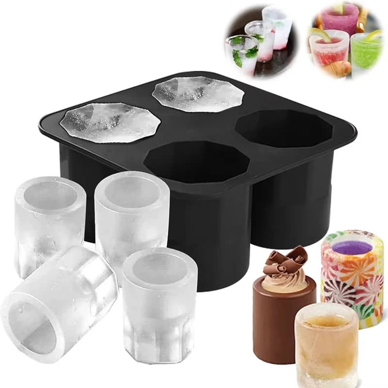 Vassoio per stampi per cubetti di ghiaccio in silicone a forma di 4 fori Crea bicchiere da shot Summer Bar Party Whisky congelato Birra Cocktail Strumento per bere freddo