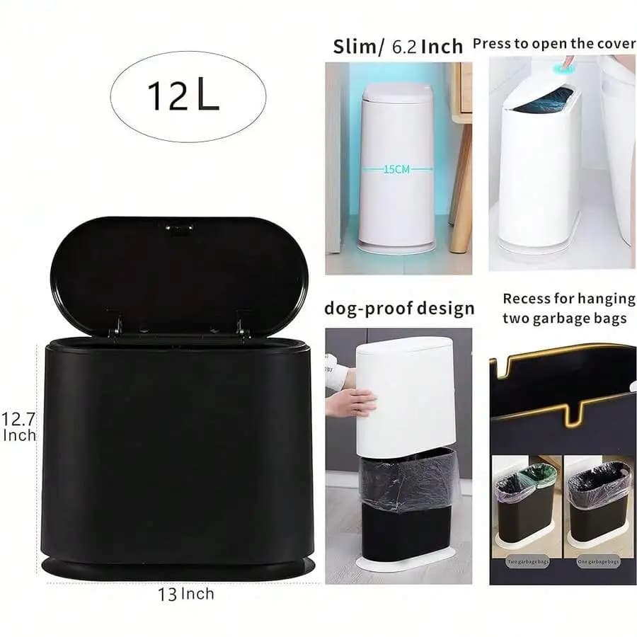 Black Slim Press Top Trash Can 12L Narrow Dog Proof Plastic Waste Basket For Bathroom Kitchen Bedroom
