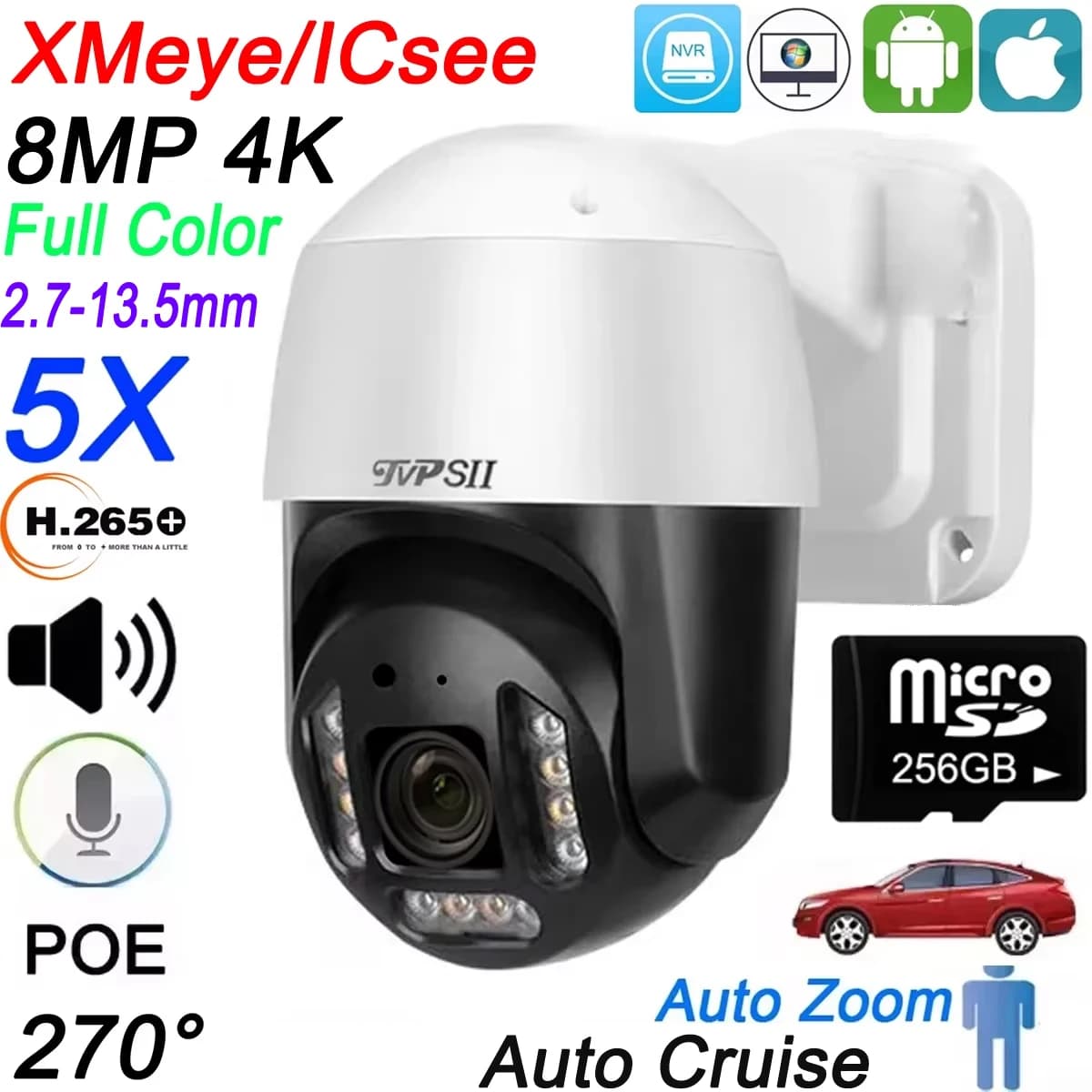 Xmeye ICsee Face Detection Auto Cruise Full Color H.265+ 8MP 4K 5X Zoom Rotazione audio POE PTZ Speed Dome Telecamera IP di sorveglianza