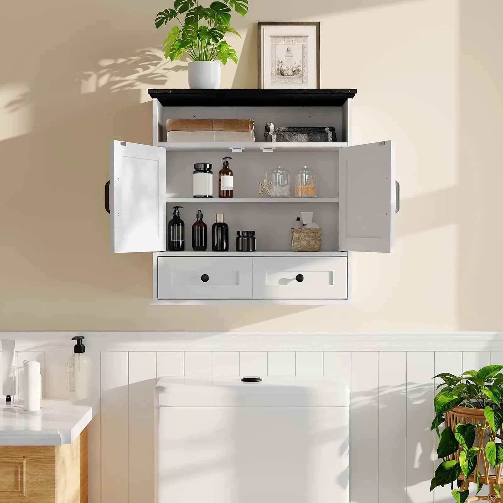 Armadietto da Bagno Sospeso Stile Rustico con Ante Scorrevoli, Ripiani Regolabili e Cassetto Estraibile, per Installazione Sopra il WC