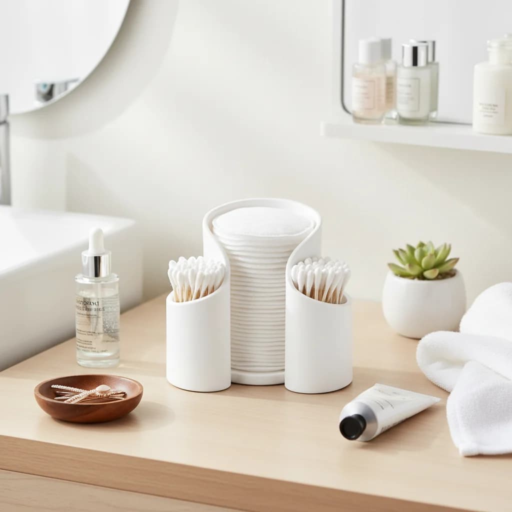 Contenitore Organizzatore 3-in-1 in Plastica per Dischetti di Cotone, Bastoncini e Filo Interdentale, per Organizzazione Bagno e Scrivania