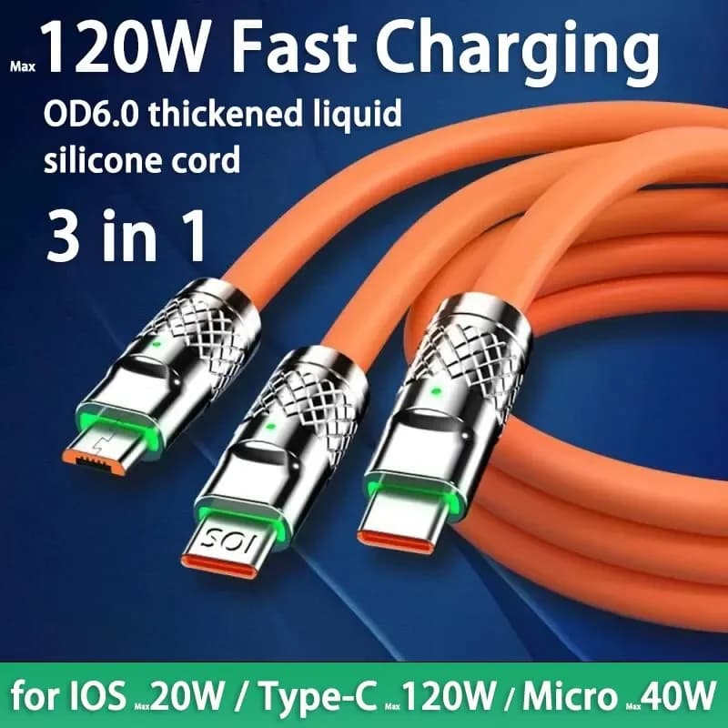 Cavo di ricarica rapida tipo C 3 in 1 120W 6A Micro USB per cavo di ricarica iPhone per cavo USB per caricabatterie per telefono Samsung Huawei Xiaomi
