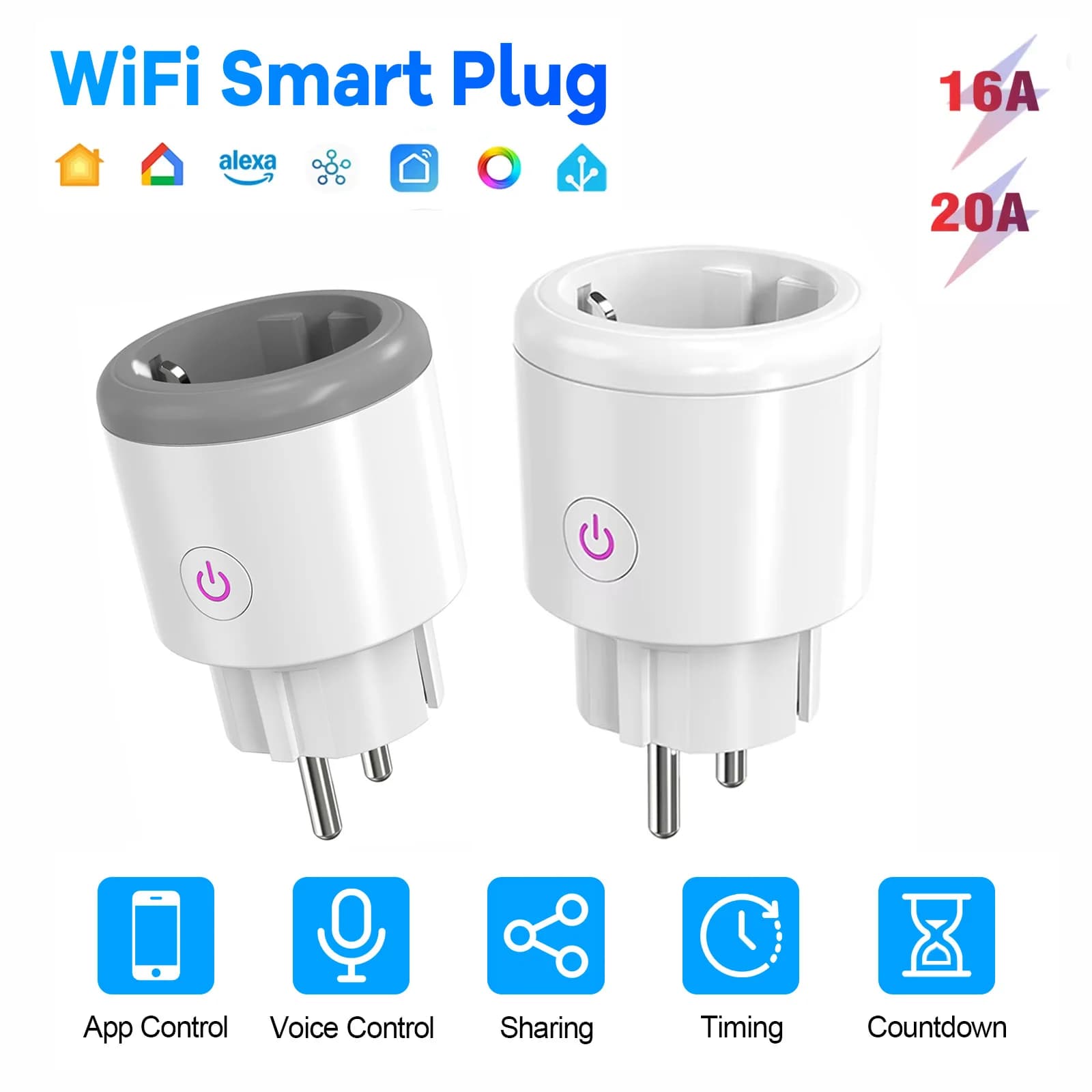 BSD34 16A 20A Power Monitor EU Matter Smart Plug Works with Alexa Google Home Memory Group LED Off Timer Countdown App Control