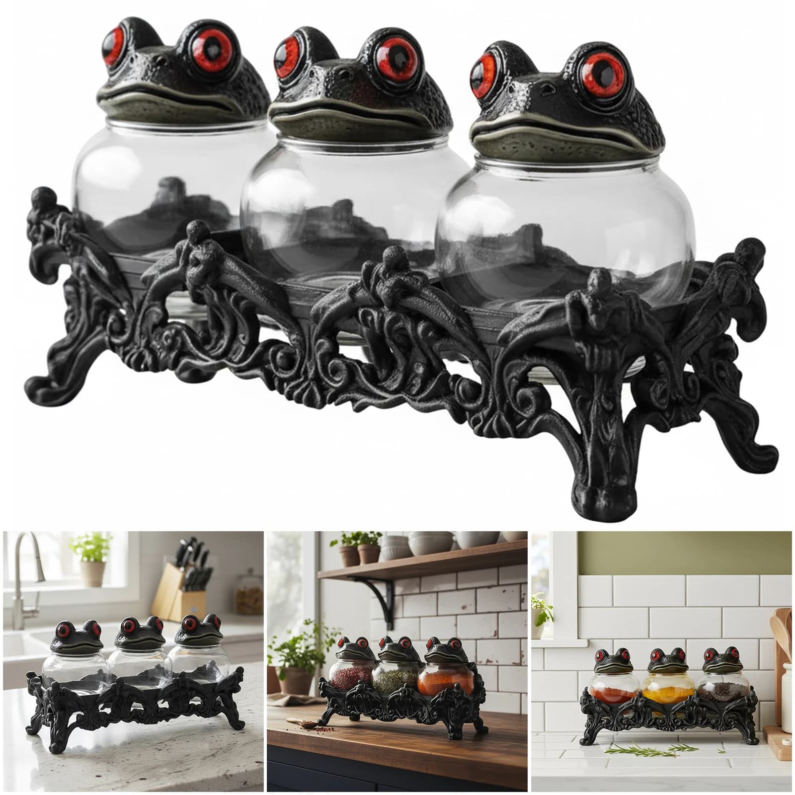 Set di 3 Barattoli per Spezie a Forma di Rana Artigianali, Contenitori Vuoti per Condimenti, Set di Barattoli per Sale e Pepe