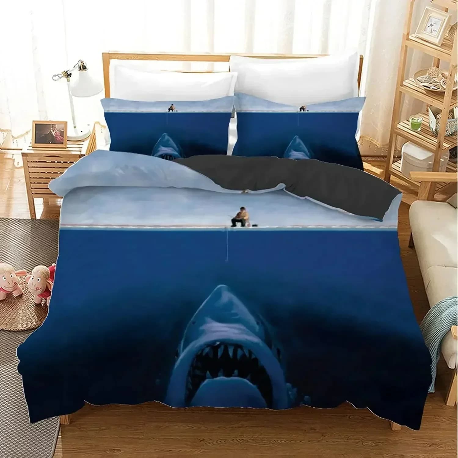Copripiumino Top Shark 3D con Squalo che Salta dall'Oceano, Stampa Grande Bocca Aperta, Set Biancheria da Letto Singolo, Matrimoniale, Queen, King, Copripiumino in Poliestere