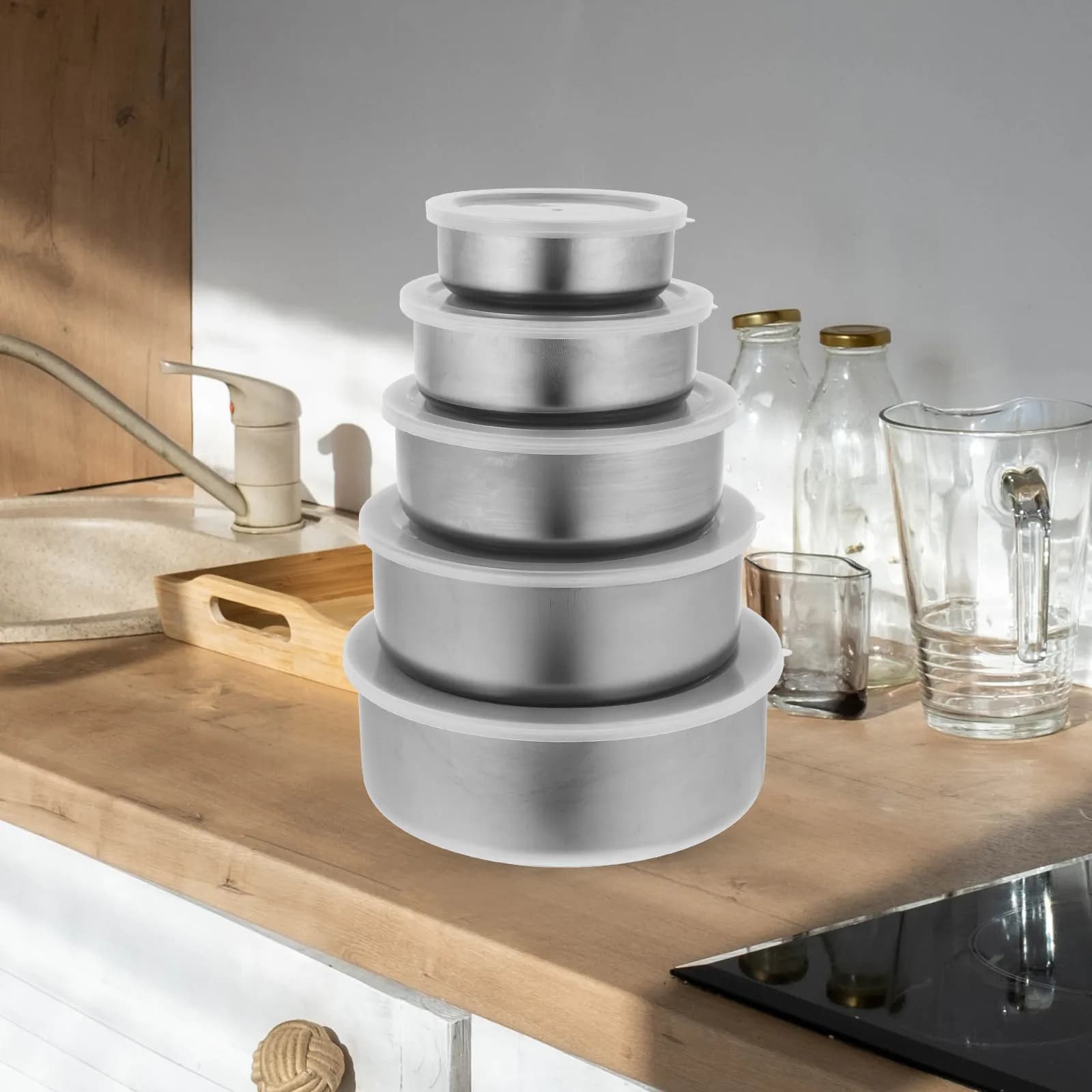 Set di 5 Contenitori per Alimenti in Acciaio Inox Premium con Coperchi in Plastica Trasparente, Ciotole Rotonde per Conservazione di Pasti e Snack
