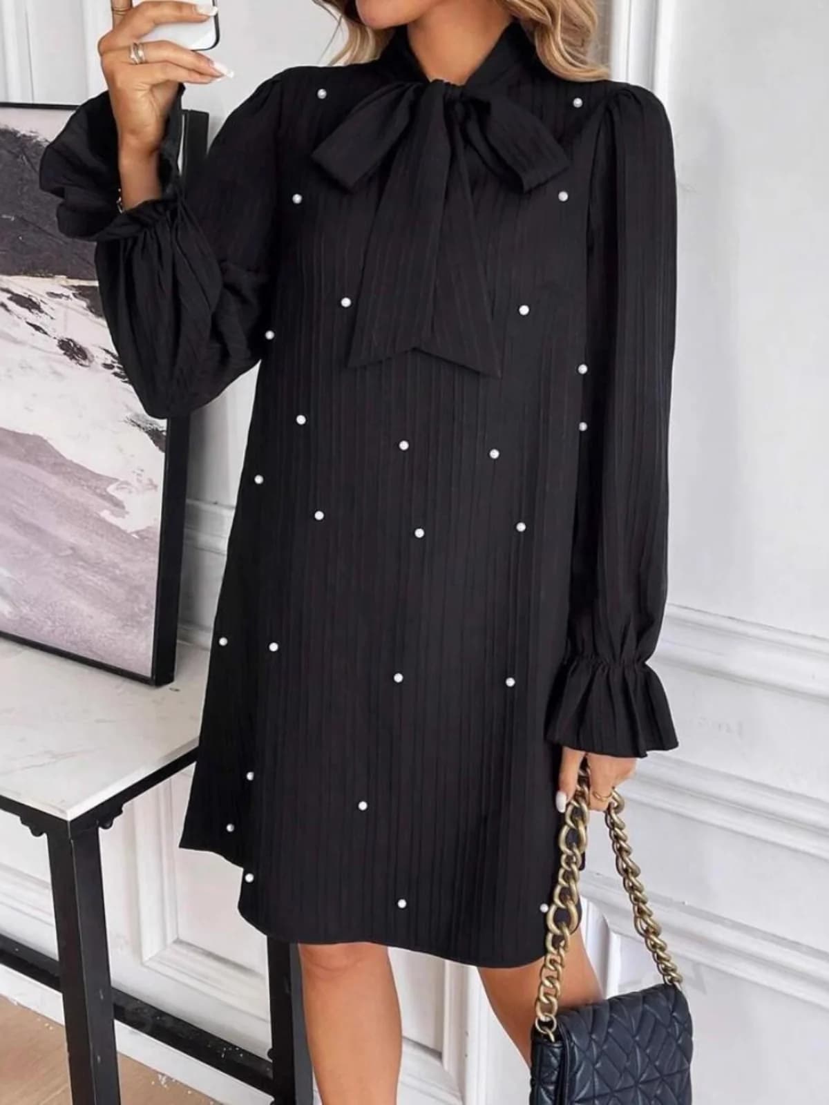 Elegante Abito Primaverile/Autunnale a Maniche Lunghe con Decorazioni di Perle e Nodo, Vestito Modellante alla Moda per Donna, Gonna a Linea H Trendy