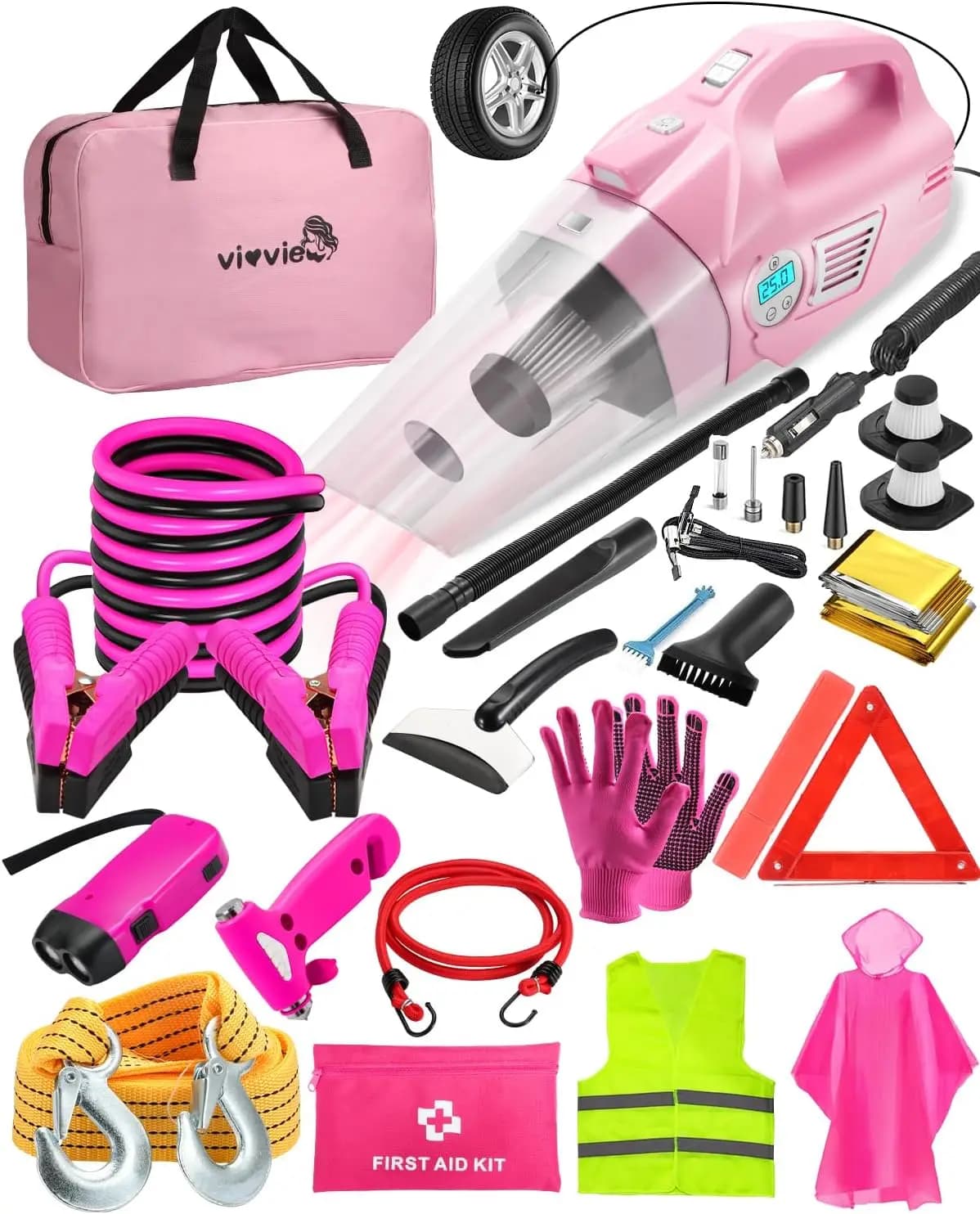 Kit di emergenza per auto rosa con aspirapolvere, cavi jumper, kit di pronto soccorso per la sicurezza del viaggio su strada delle donne