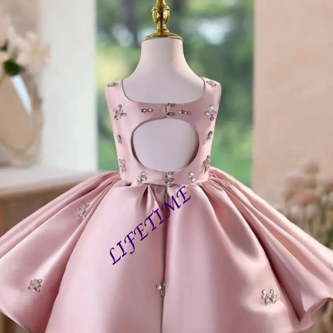 Abito da ragazza di fiore rosa personalizzato con perline di cristallo, lunghezza al ginocchio, principessa, matrimonio, compleanno, festa, spettacolo, abito formale