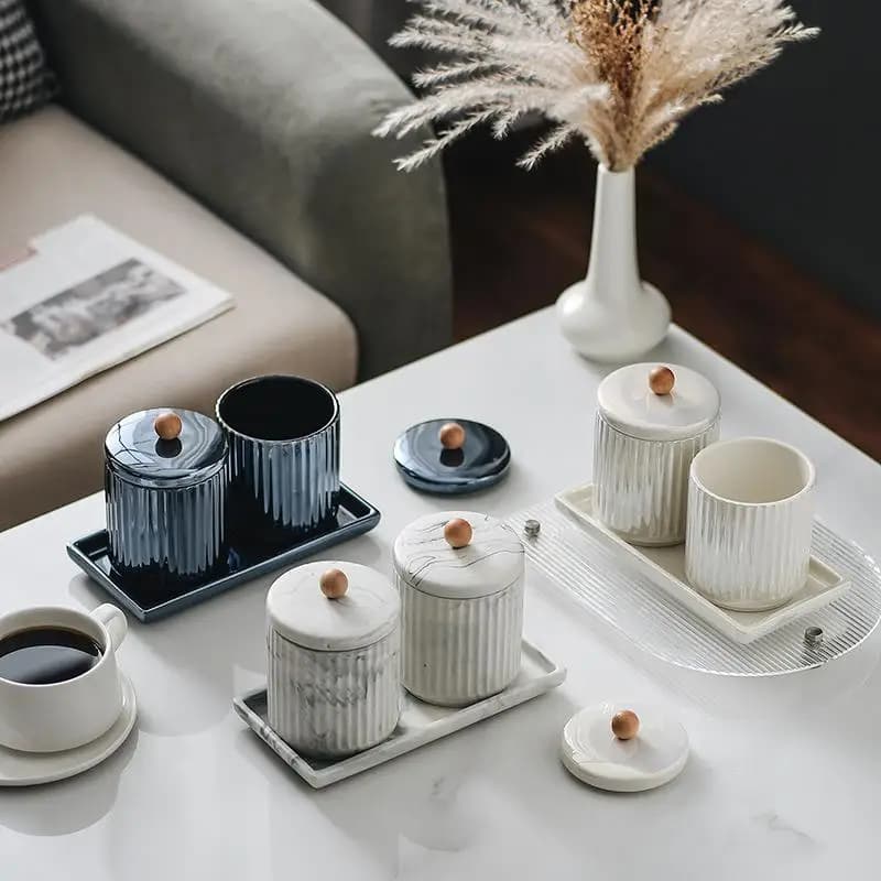 Marble Ceramic Bathroom Toothbrush Holder Living Room Toothpick Container Storage Jar Combination Set Household Org...