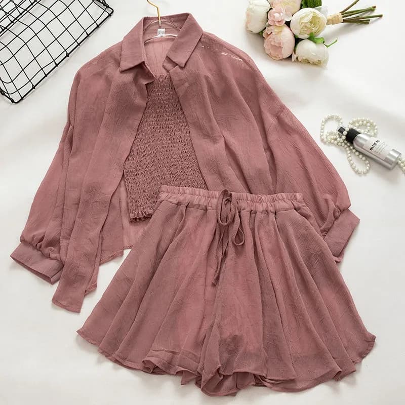 Set Three Pieces Fashion Woman: Top with Bretelle, Solar Protective Jacket and Culottes for Spring and Summer