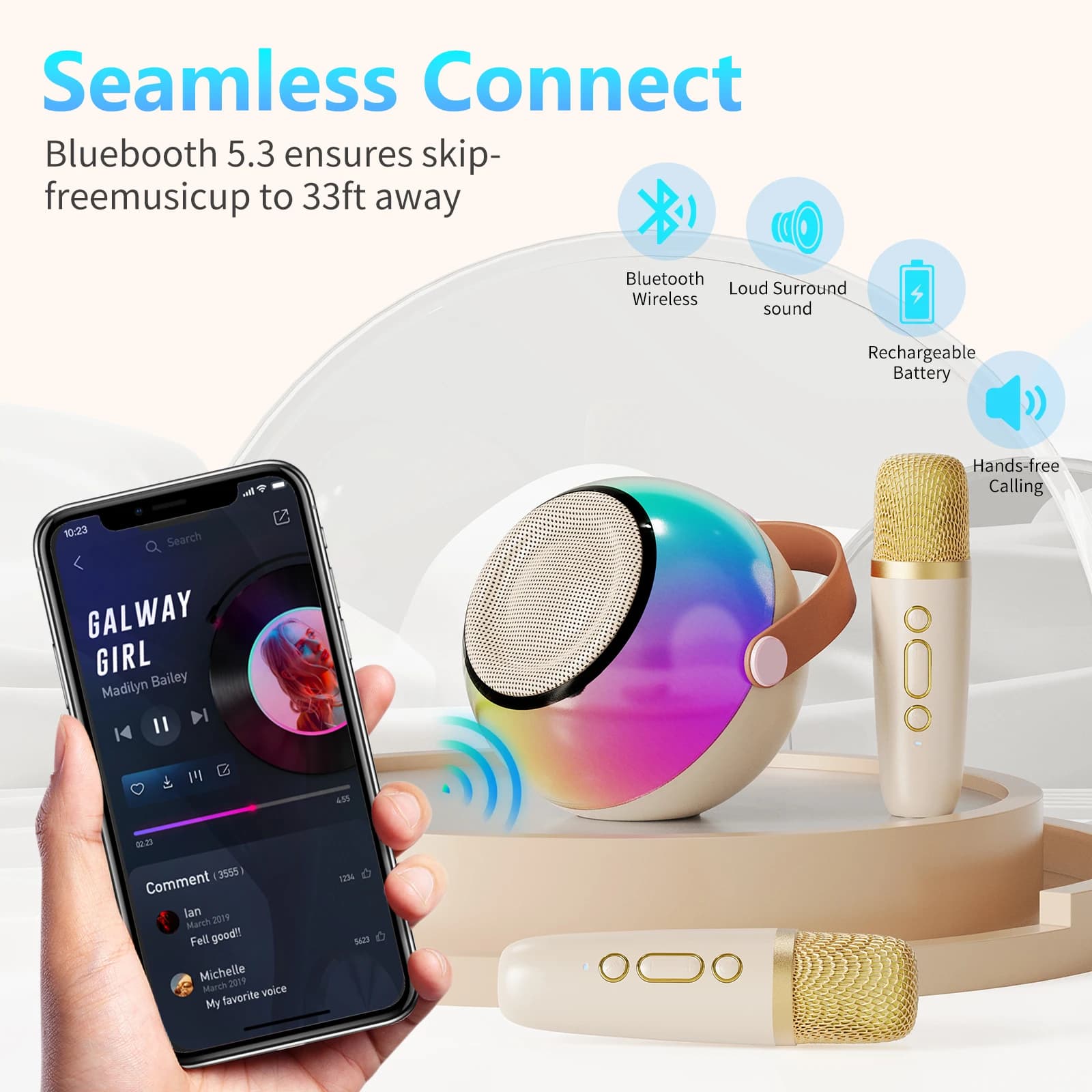 Mini Karaoke Machine for Kids Adults, Portable Bluetooth Speaker with 2 Wireless Microphones, Karaoke Toys for Family Party, Birthday Gifts for Girls Ages 4, 5, 6, 7, 8, 9, 10, 12+ (beige, 1 Mics)