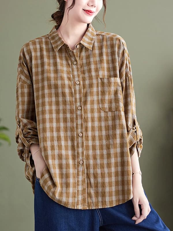Camicia a maniche lunghe in puro cotone a quadri di grandi dimensioni da donna, casual, alla moda autunnale, che nasconde le imperfezioni e snellisce la figura
