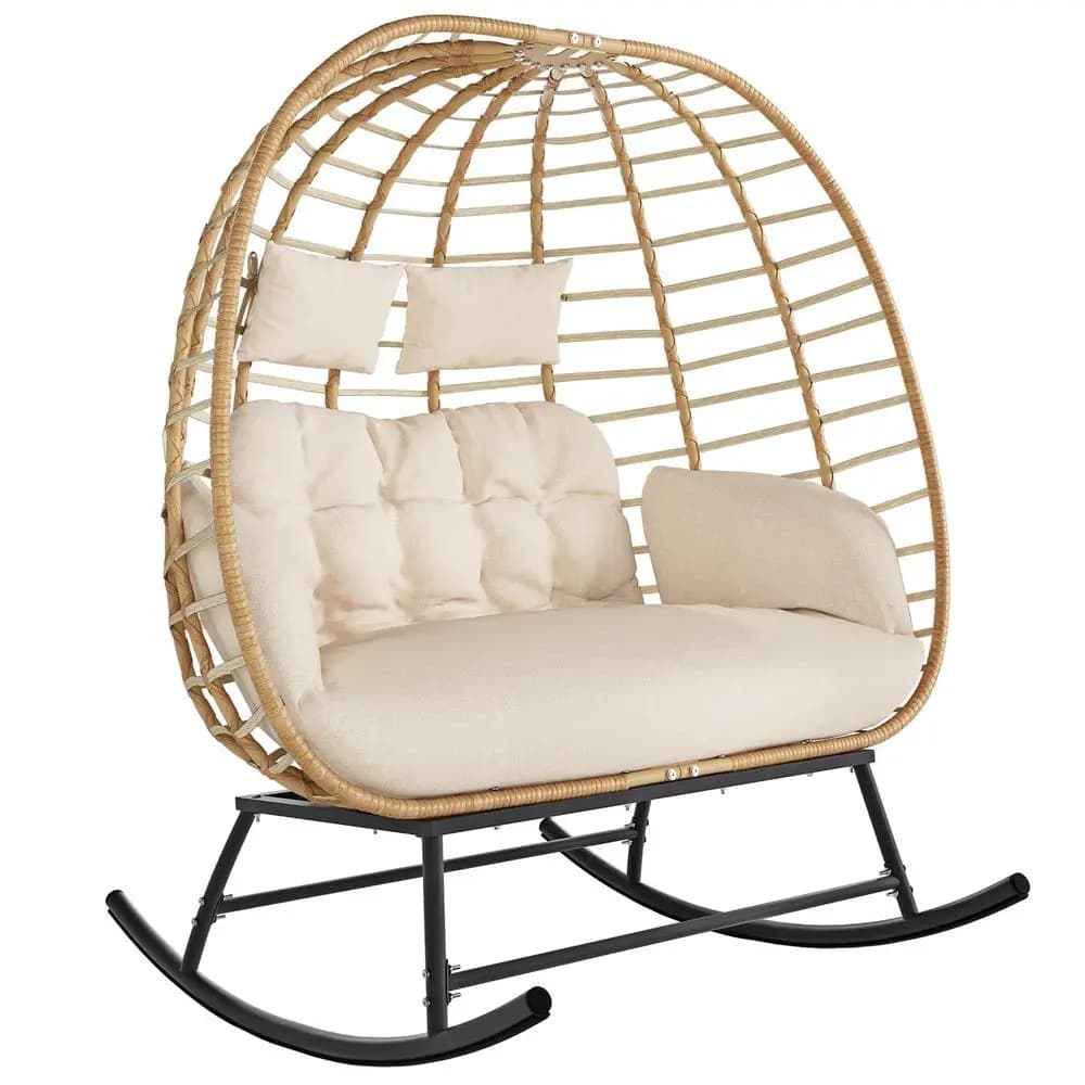 Sedia a dondolo a forma di uovo in vimini doppio per esterni, divanetto a dondolo a forma di uovo per interni con cuscini spessi, poltrona lounge da patio oversize per 2 persone, 6
