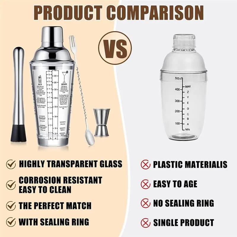 A93Z Shaker per cocktail in vetro con jigger da 400 ml, coperchio a tenuta stagna in acciaio inossidabile, design Boston, strumento da bar per miscelare bevande