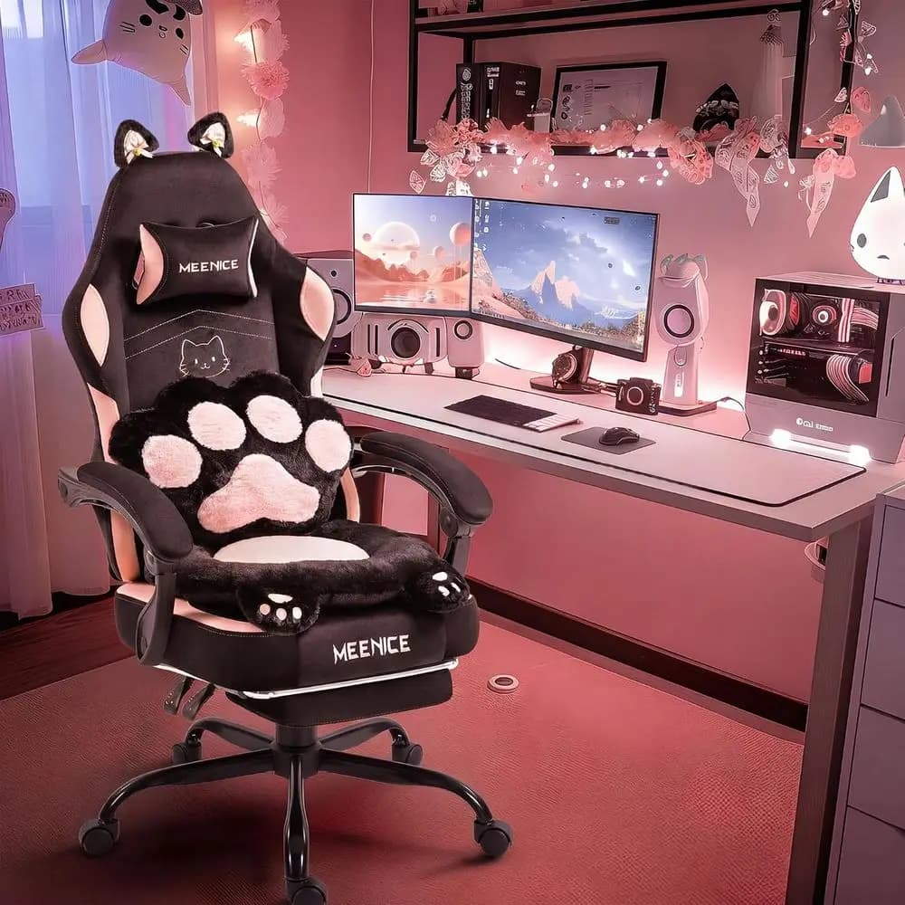 Pink Gaming Chair Cute with Cat Ears Paw Lumbar and Cushion,Ergonomic Computer Chair with ootrest,Reclining PC Game Chair or Gir