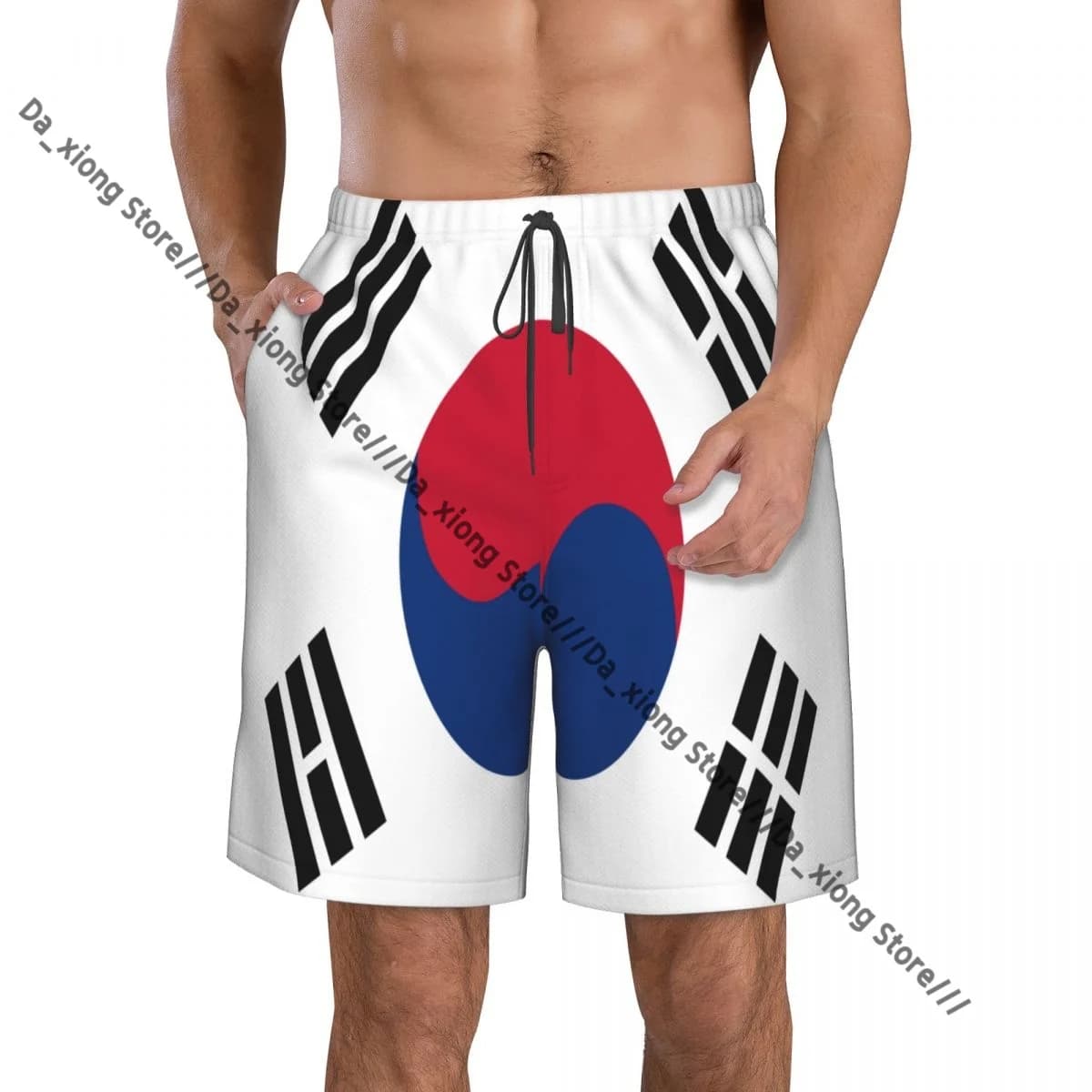 Pantaloncini da bagno da uomo corti da spiaggia ad asciugatura rapida con bandiera coreana, costume da bagno