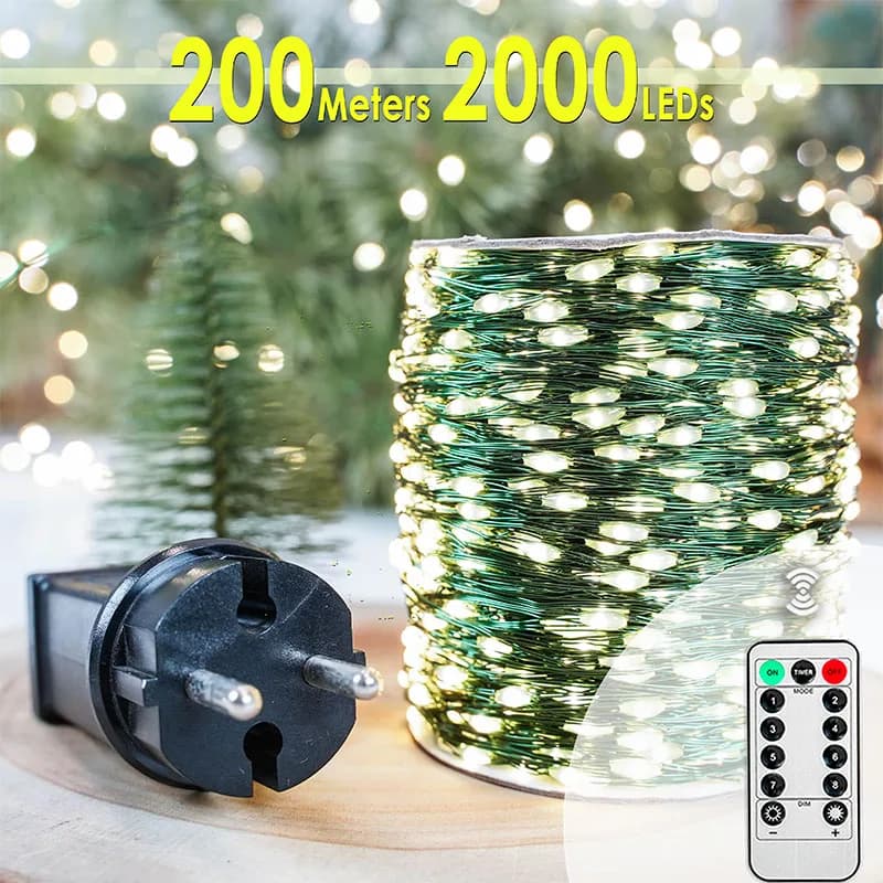 Cavo verde da 200 m Luci da fata a LED impermeabili Ghirlanda da esterno Giardino Natale Halloween Party Decorazioni per la casa Tutto l'anno