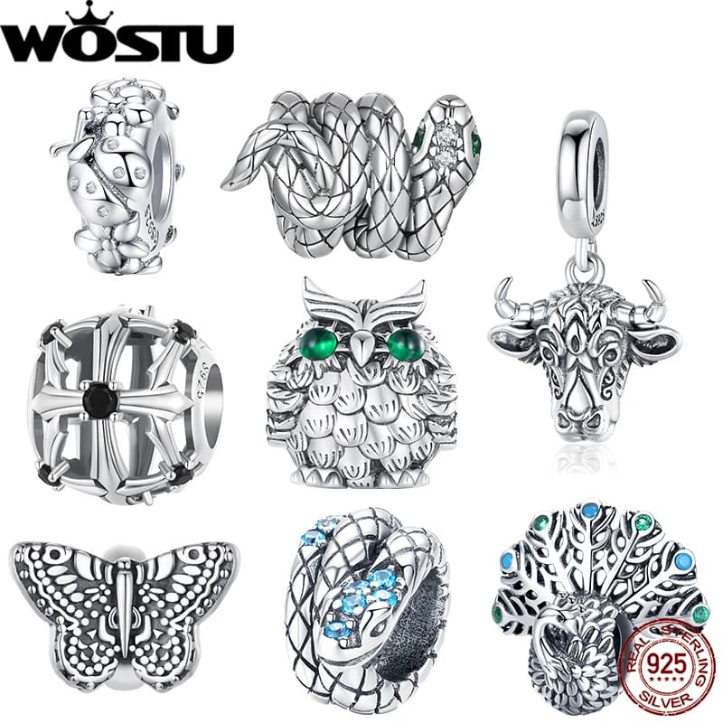 WOSTU 925 Sterling Silver Retro A Spirale Serpente Lavoro Fascino Hollow Croce Farfalla Perlina di Silicone Misura Il Braccialetto Originale Regalo FAI DA TE