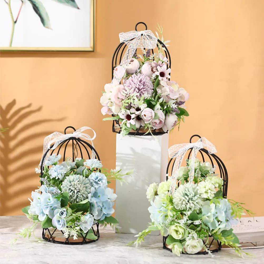 Iron Metal Bird Cage Decoration Hanging Flower Holder Desktop Adornment Artificial Flower Holiday Table Decoration Plant Stand