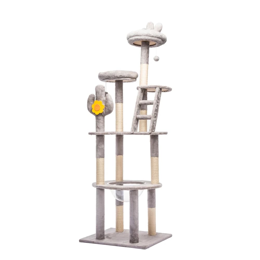 Albero per Gatti a Forma di Cactus da 72 Pollici con Capsula Trasparente, Pali in Sisal, Posatoi in Peluche e Giocattoli - Multi-Livello