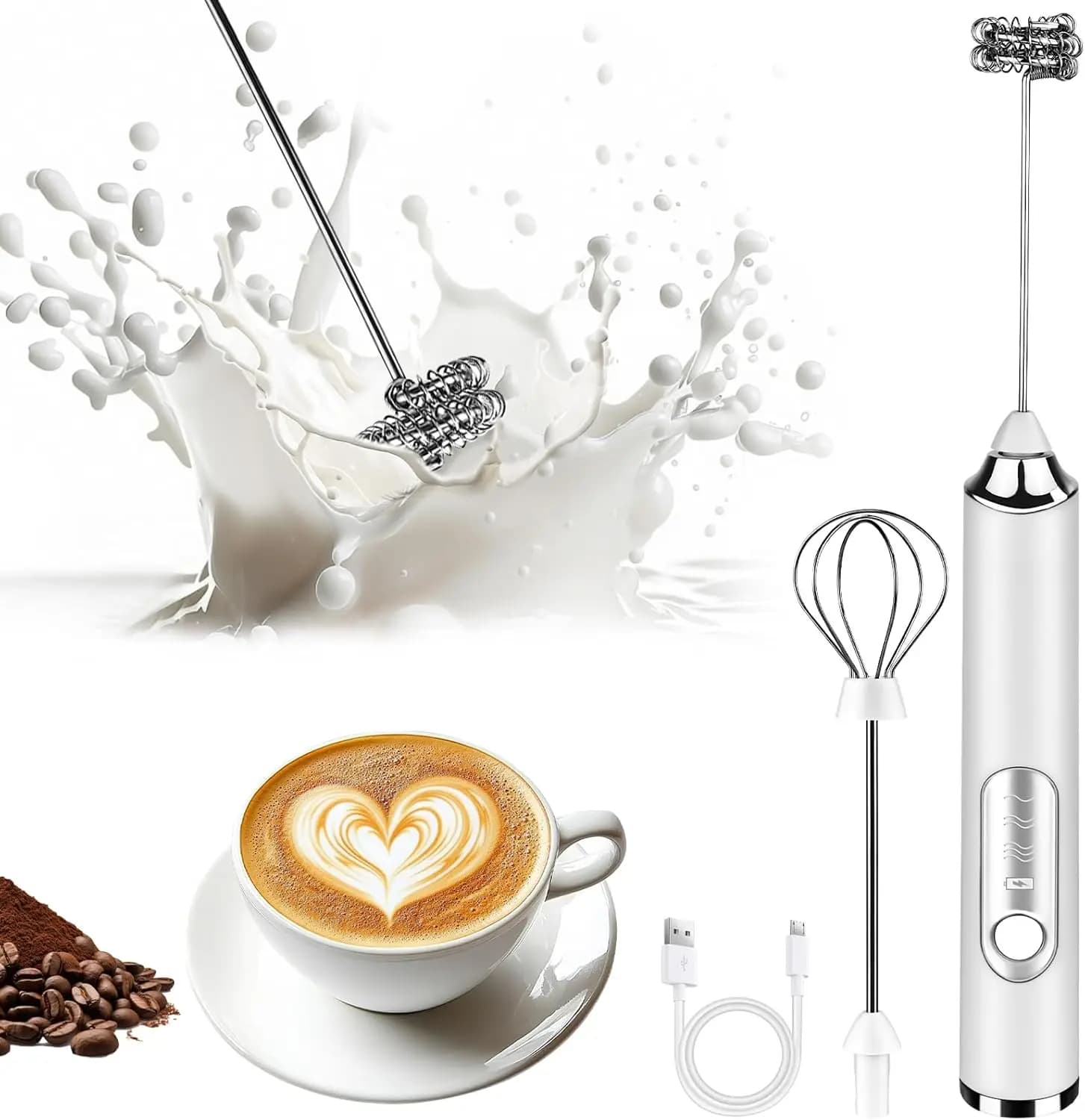 USB Rechargeable Milk Frother, 3 Speeds, 2 Stainless Whisks, Handheld Foam Maker for Coffee, Lattes, Matcha