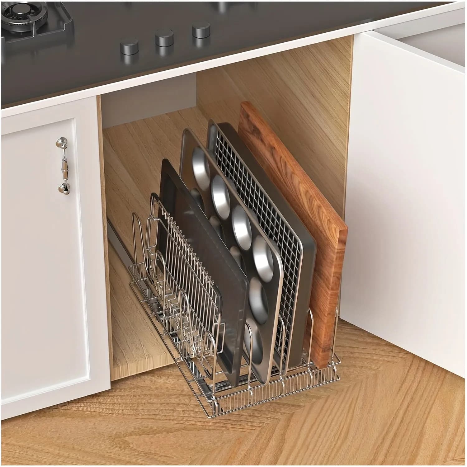 Under-Cabinet Pull-Out Pot & Pan Organizer – 10-Adjustable Dividers, Fits Lids, Cutting Boards, Bakeware, Tray Storage – Compact