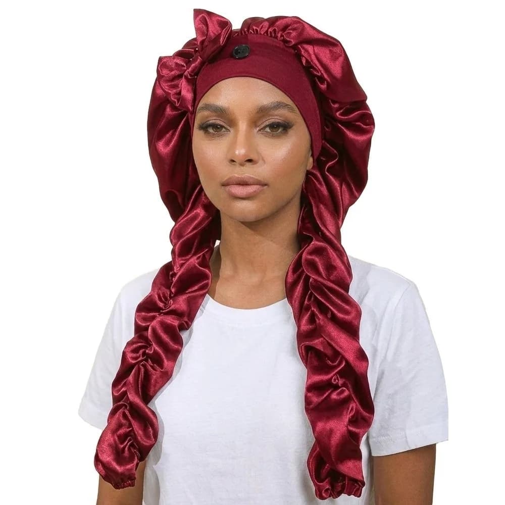 Satin Material Sleep Bonnet Long Curling Ribbons Adjustable Fit Satin Bonnet Non-Slip Design Soft Fabric Curling Bonnet
