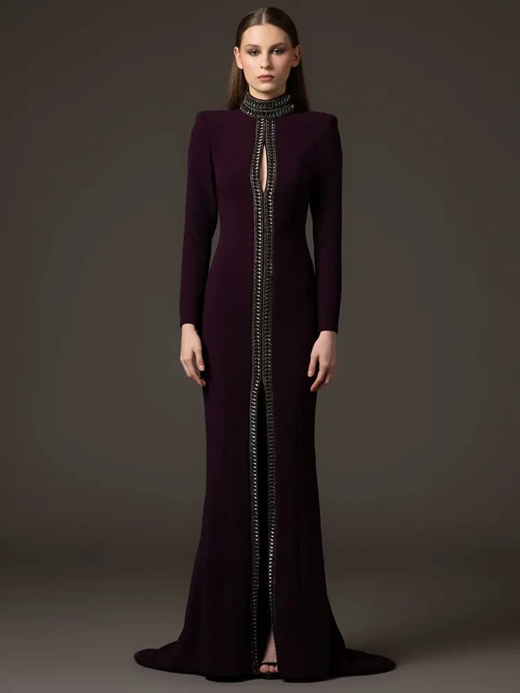 HIGH STREET Nuovissimo Abito Lungo da Sera da Donna 2026 di Design con Collo Alto, Maniche Lunghe e Lussuosi Diamanti e Perline