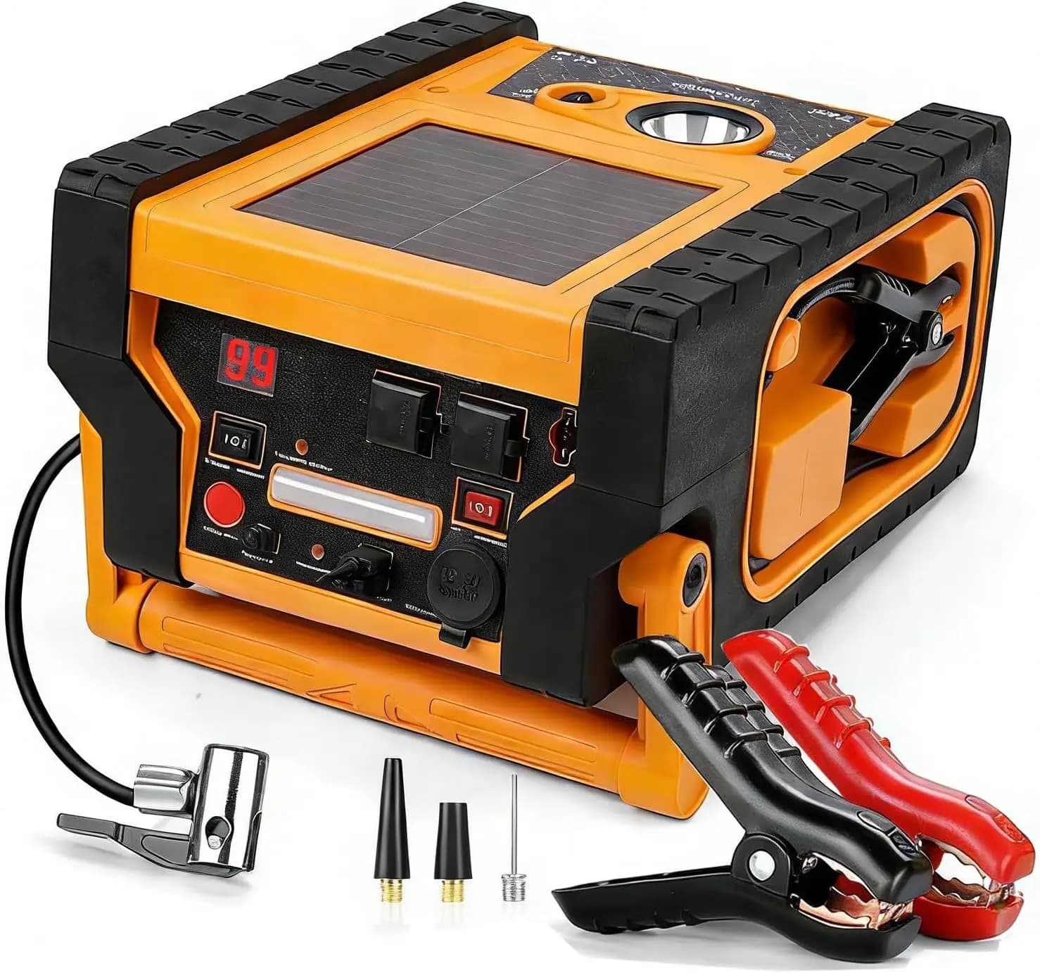 Avviatore di Emergenza 2000A con Compressore d'Aria, Stazione di Alimentazione Portatile, Inverter 400W per Motori Benzina/Diesel fino a 8.5L