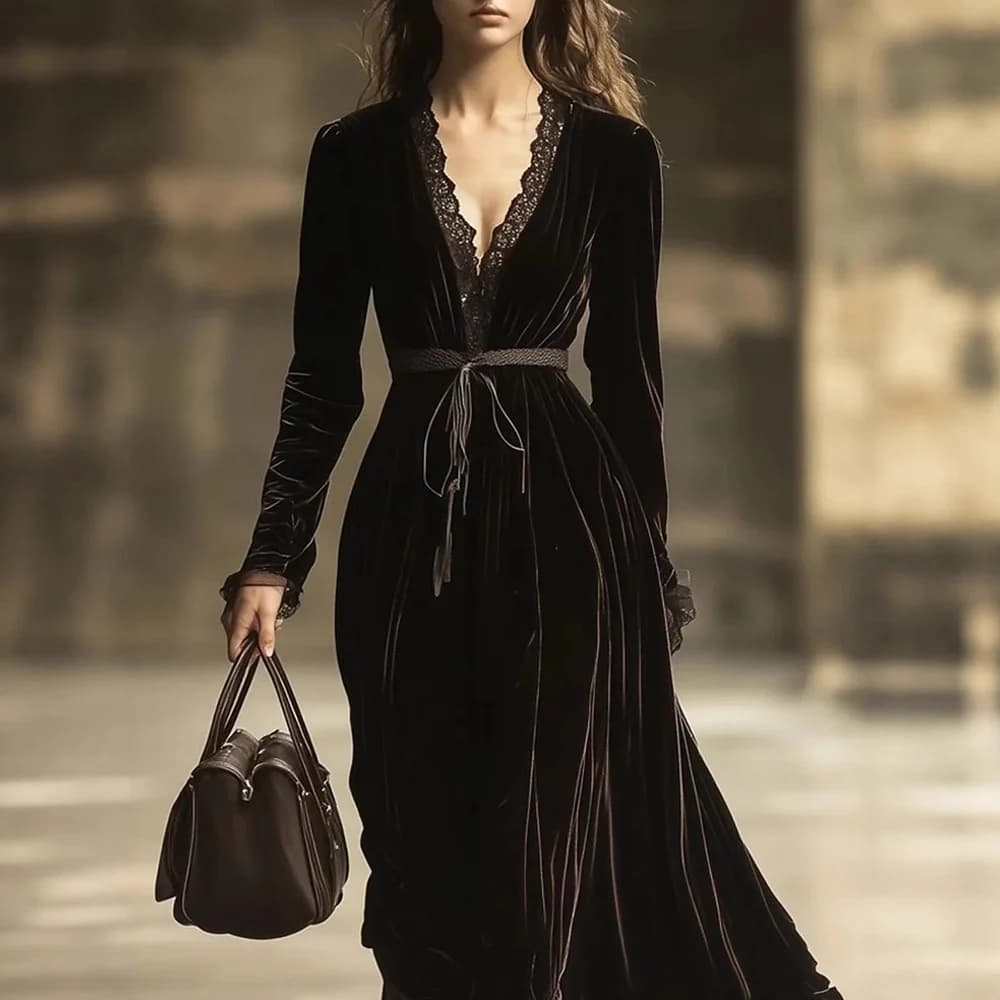 Abito Vintage in Velluto Francese da Donna con Pizzo, Scollo a V, Maniche Lunghe, Vestito da Notte Autunnale, Abito Casual Femminile Maxi Chic