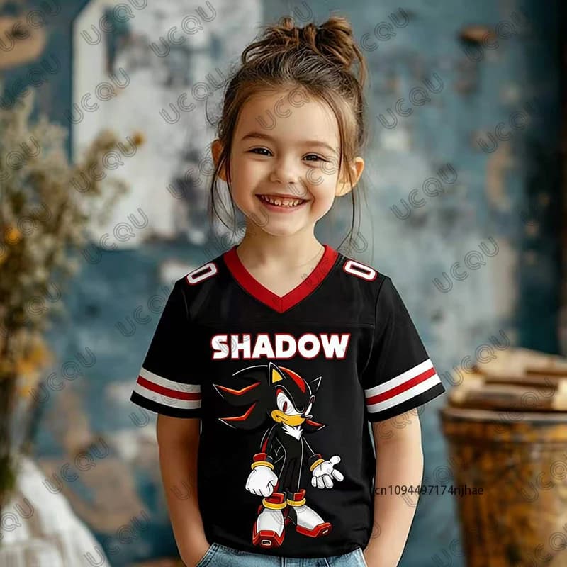 Nuova Maglia da Calcio 2026 con Stampa Cartoon Sonic per Bambini, T-shirt Estiva a Maniche Corte con Scollo a V, Magliette Sportive Casual per Bambini/Adulti