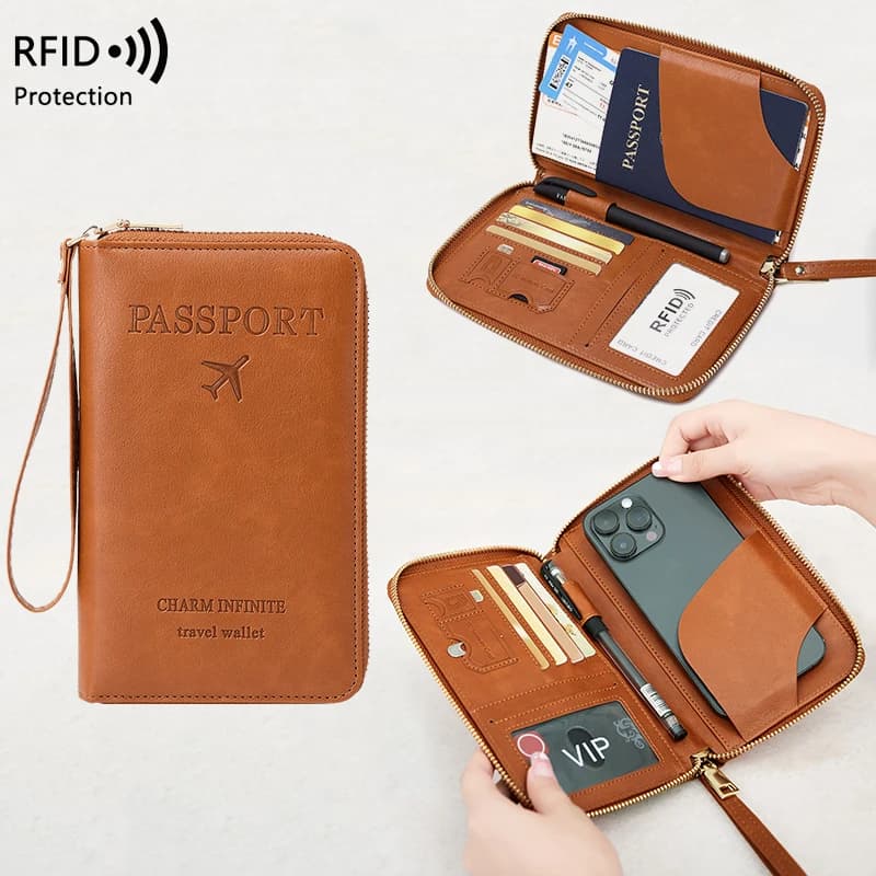 Portafoglio da viaggio porta passaporto con blocco RFID con cinturino da polso, tasche multi-carta e chiusura con cerniera