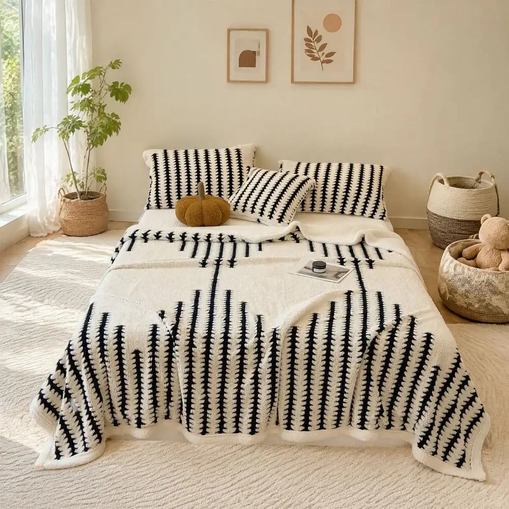 Breathable Heat Locking Throw Double-layer Fleece Throw Blanket Boho Geometric Jacquard Plush Cover Thickened Warm Cozy for Room