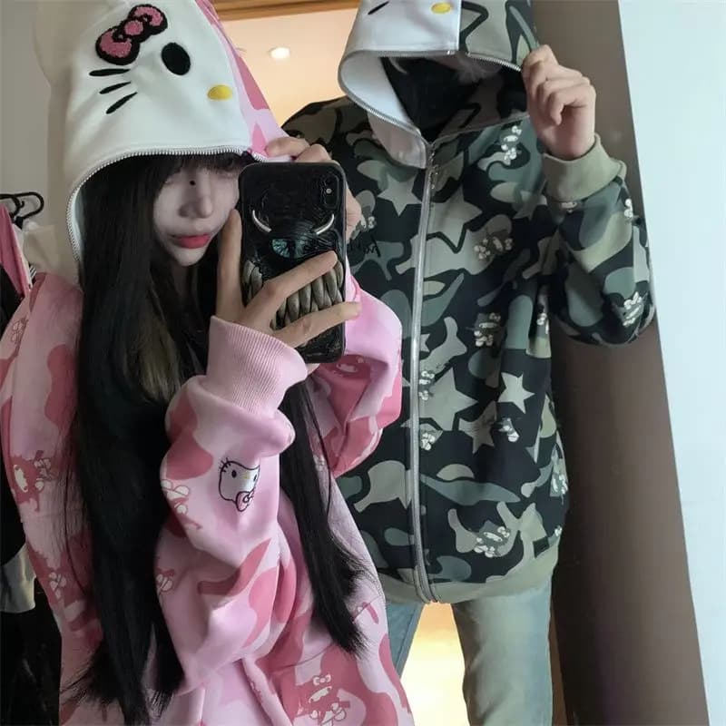 Felpa con Cappuccio Y2K Hello Kitty da Donna, Camouflage Yinlian, Anime Sanrio, Cappotto Invernale in Cotone con Zip, Top Casual per Coppie