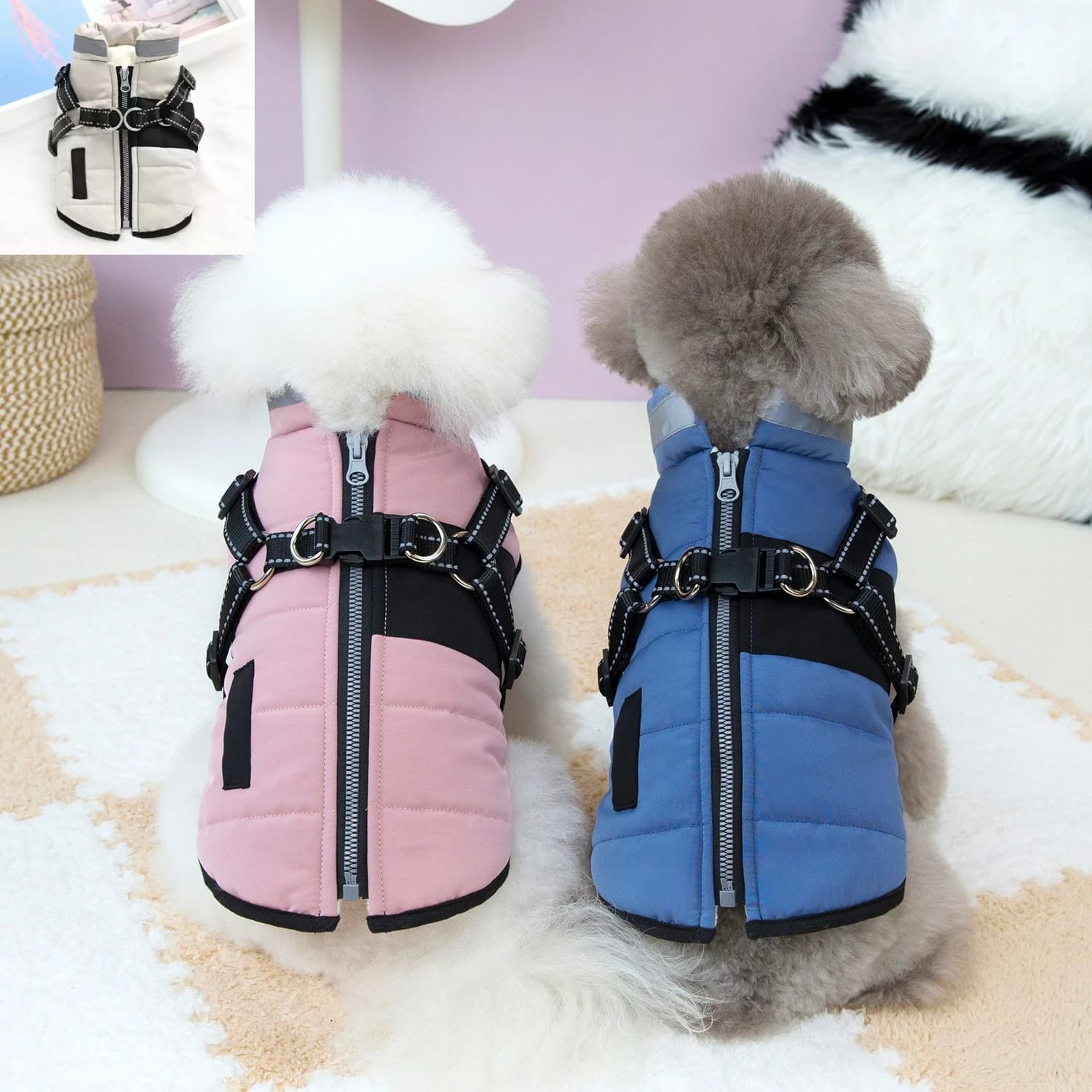 Giacca invernale per cani, cappotto per cuccioli con imbracatura per cani di piccola taglia, impermeabile/lavabile, striscia riflettente e design durevole con anello a D
