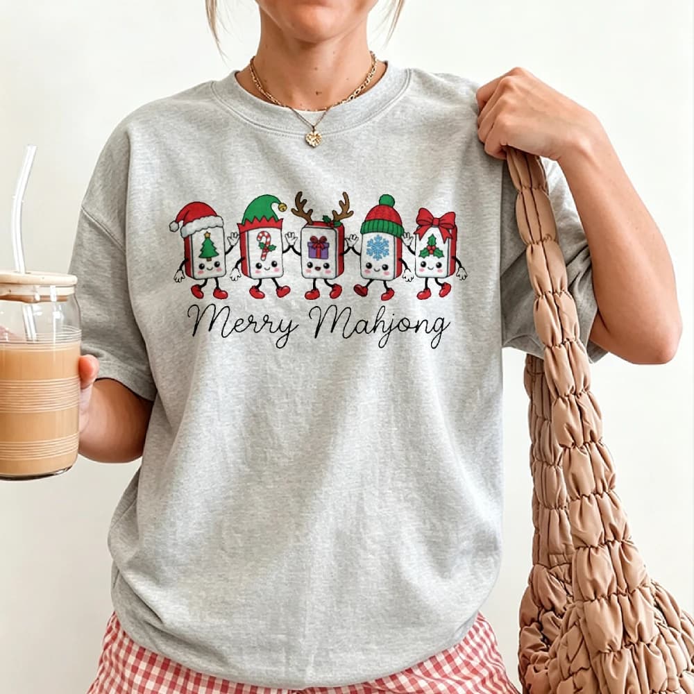 Merry Mahjong T-shirt Cute Mahjong Tile Cartoon Christmas Santa Reindeer Elf Hat Graphic Print Tee Xmas Holiday Casual Gift Tops