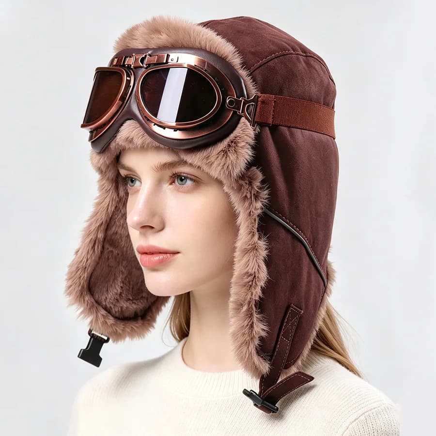 Unisex Winter Vintage Aviator Fleece Lined Thick Goggle Warm Riding Hat Cold Weather Cap EU US