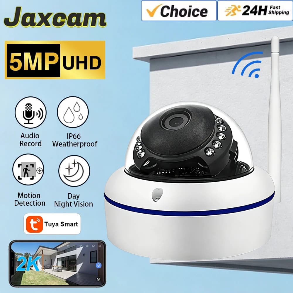 Telecamera Wi-Fi Tuya Smart 5MP 2K, Videosorveglianza con Registrazione Audio, Telecamera IP da Esterno Antivandalismo e Impermeabile, Notifica via Email