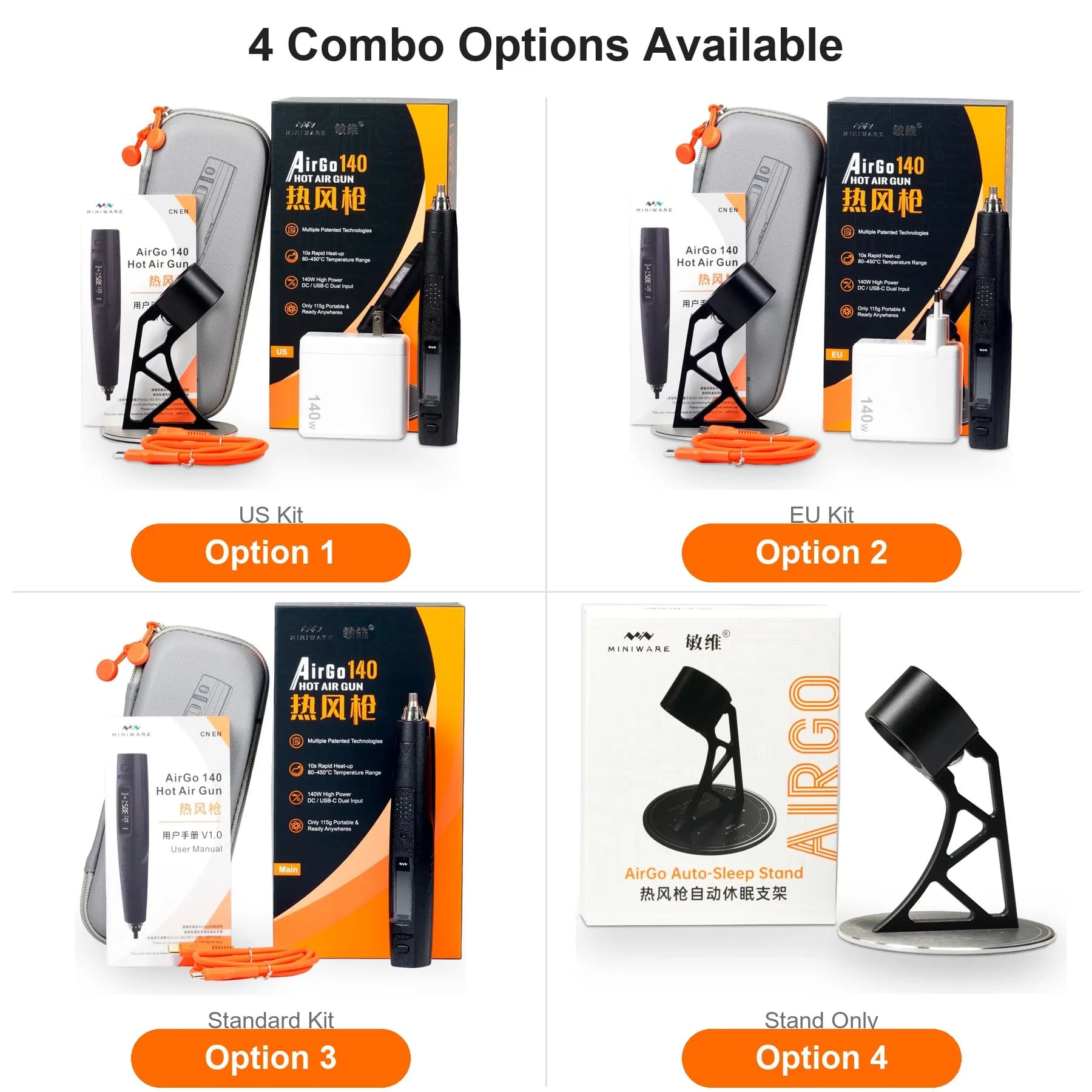 Miniware AirGo 140 Portable Intelligent Hot Air Gun Desolder Tin Gun Maximum Power 140W 80-450°C & Special Component to Choose