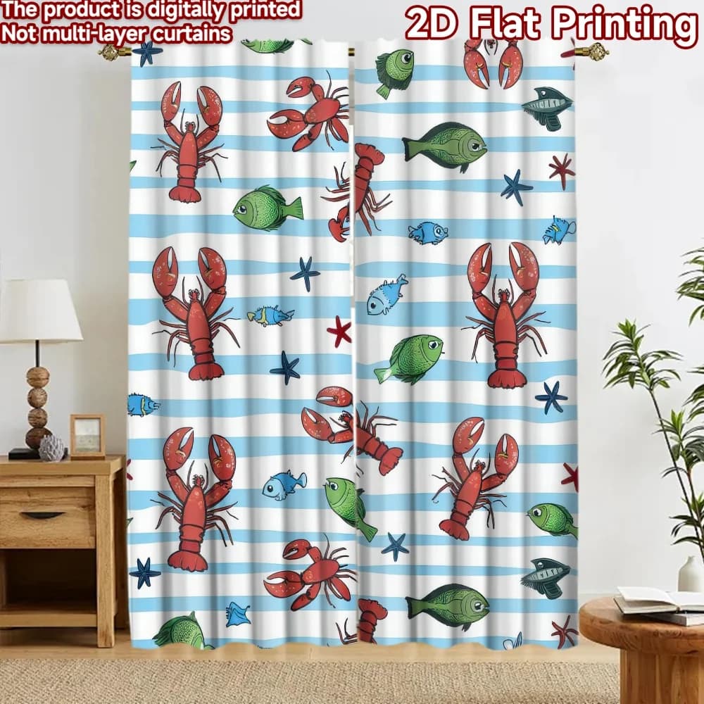 Tende per finestra con stampa 2D, 2 pezzi, con stampa digitale di aragoste e pesci, in poliestere, decorazioni festive da parete, perfette