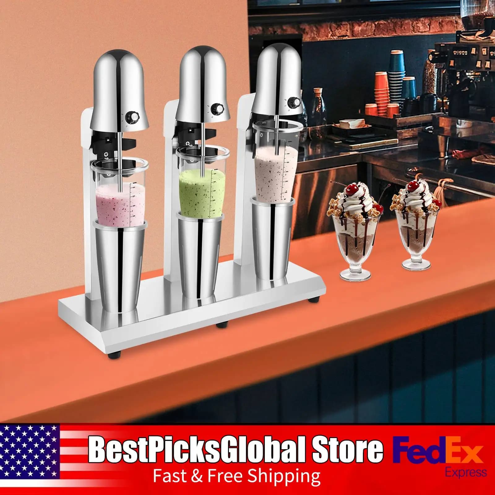 Frullatore Professionale a Tre Teste per Milkshake, 18000 RPM, 3 X 180W, con Bicchieri in PC per Uso Commerciale, 110V