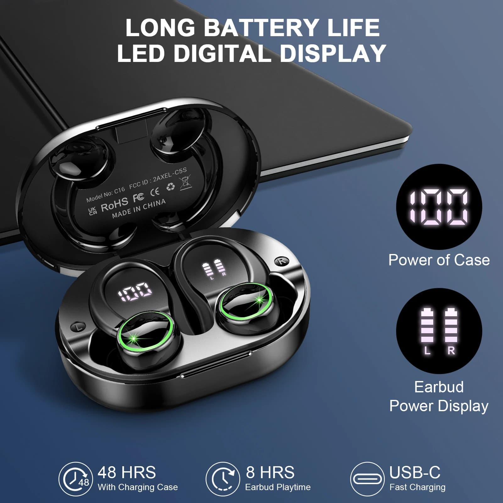 Auricolari Wireless Sportivi, Cuffie Bluetooth 5.3, 4 Microfoni con Cancellazione del Rumore ENC, Cuffie Impermeabili IP7, 48 Ore di Riproduzione.