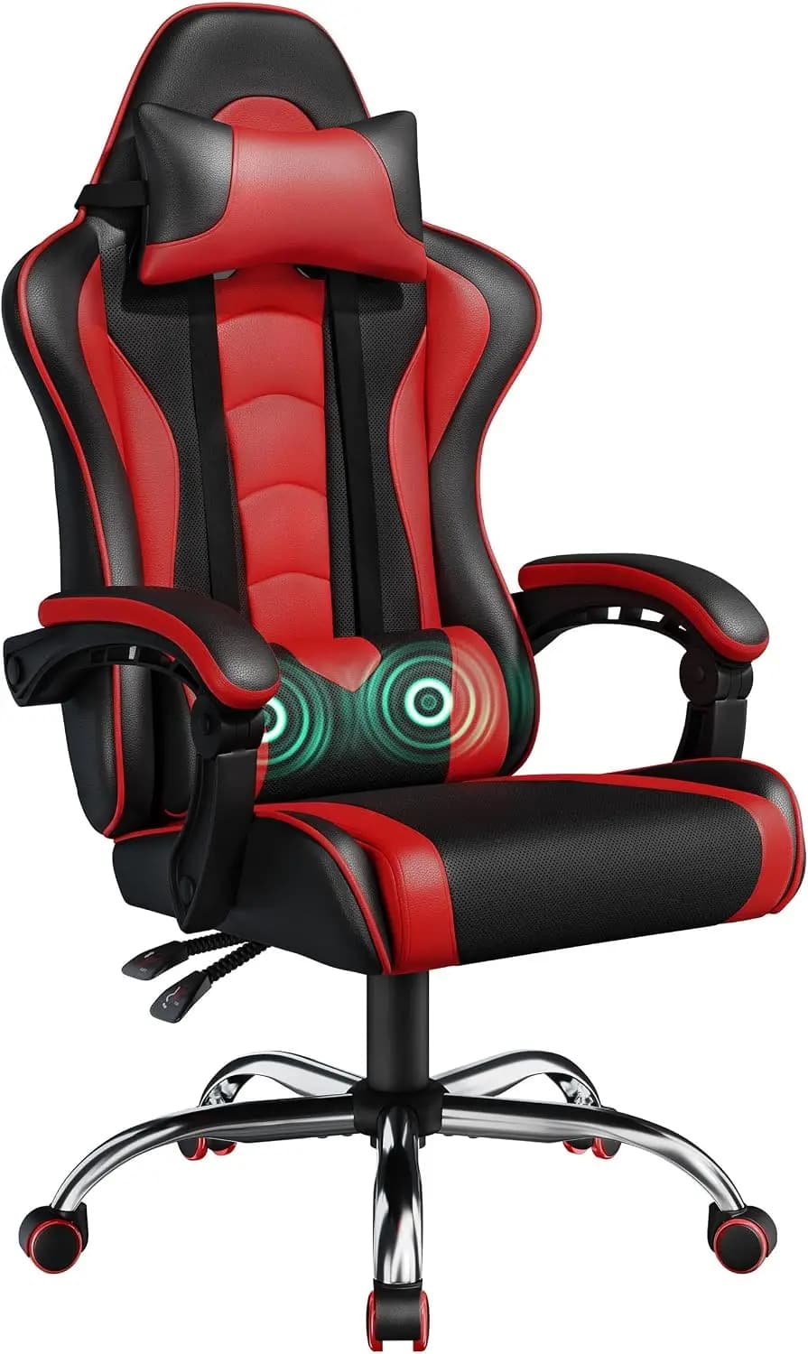Gaming Chair with Massage Lumbar Pillow High Back Reclining Red PU Leather Racing Seat, Thick Foam Padding & Adjustable Recline for Comfort